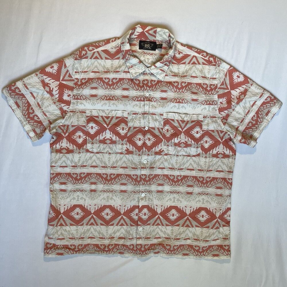 RRL Double RL Seersucker Camp Shirt XL Aztec Western Short Sleeve Ralph Lauren